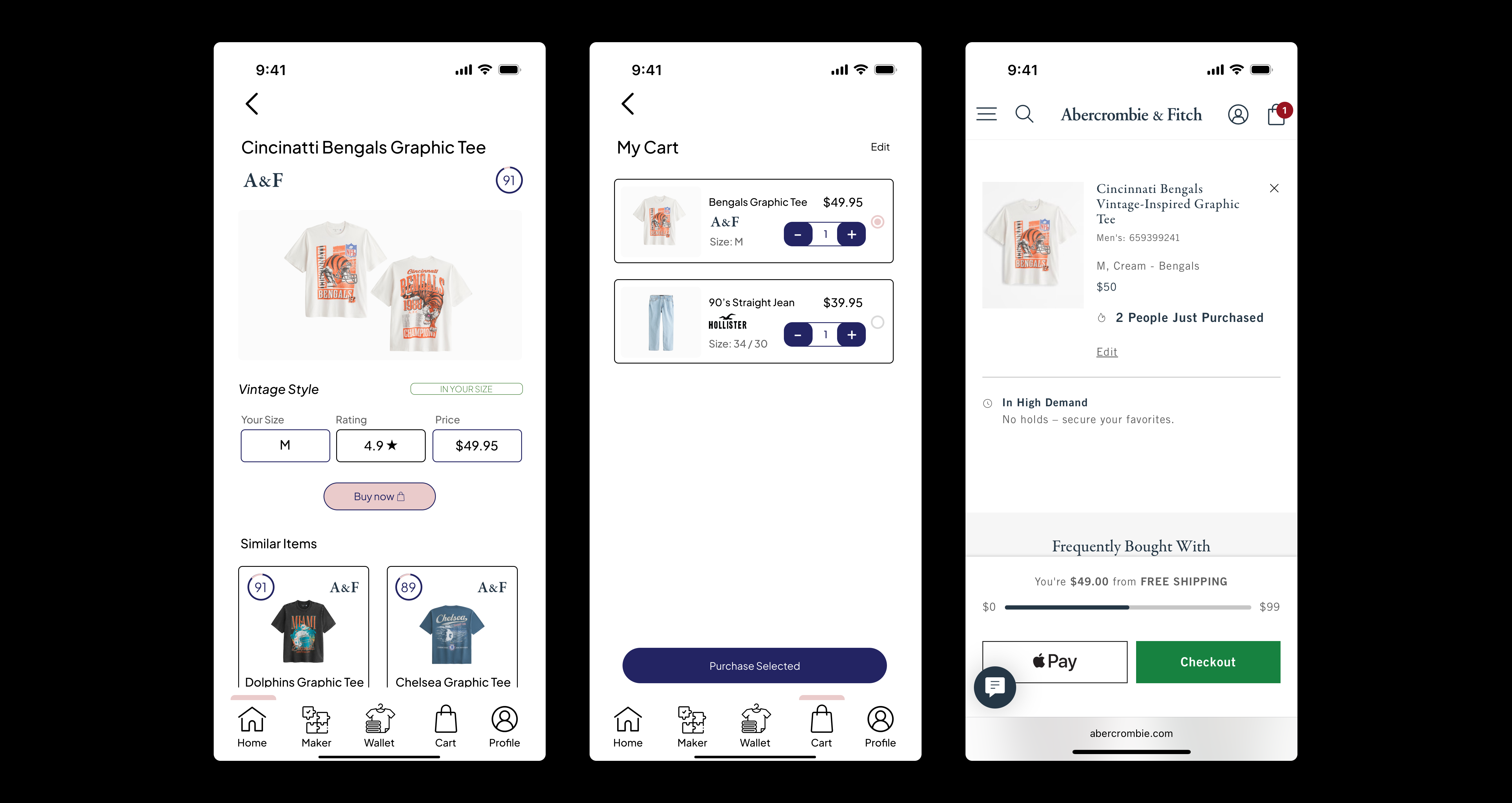 Fitfindr product detail, cart, and retailer screens